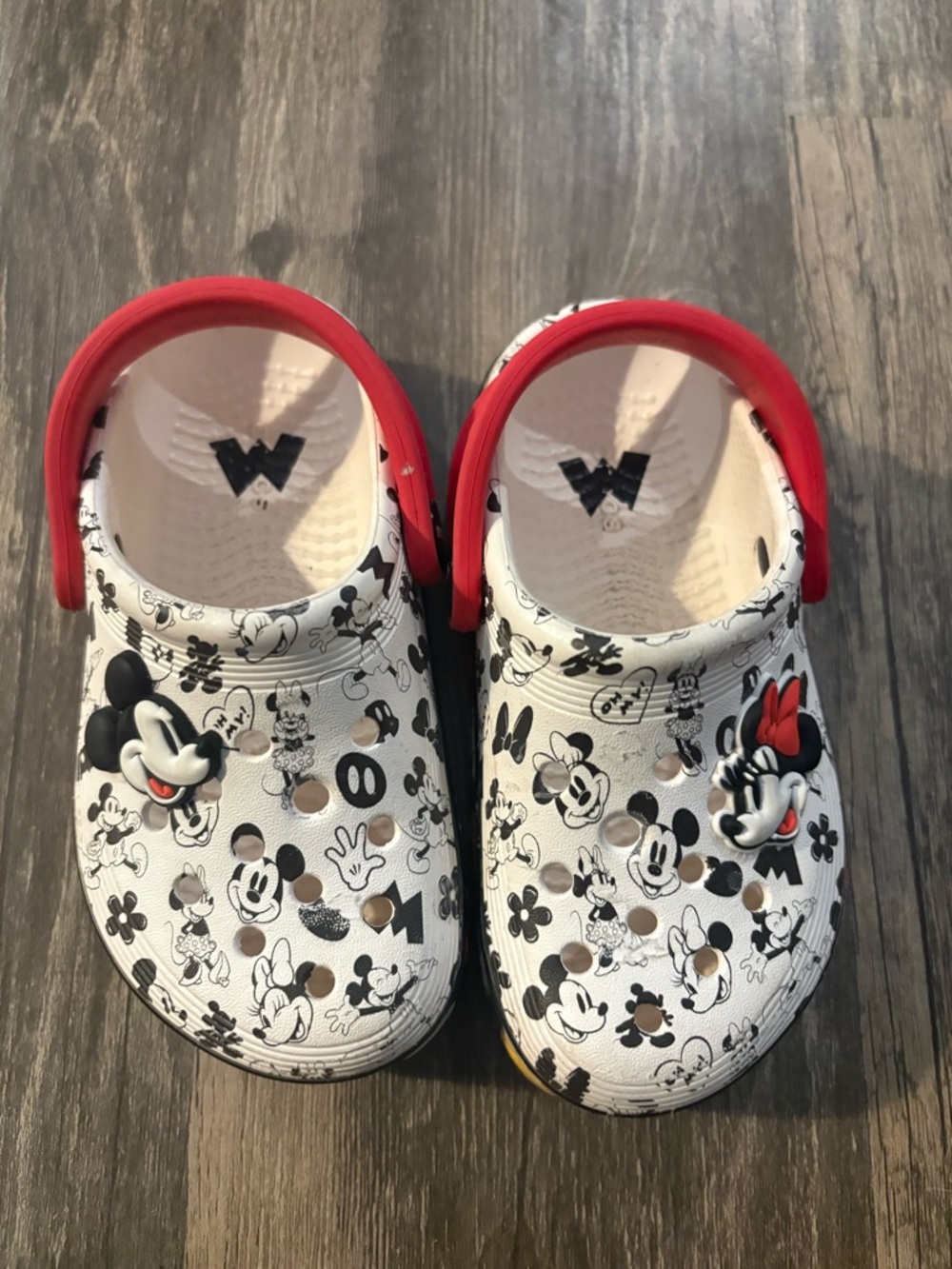 CROCS Kids White Clog Sandals with Red Strap and Black Cartoon Print
